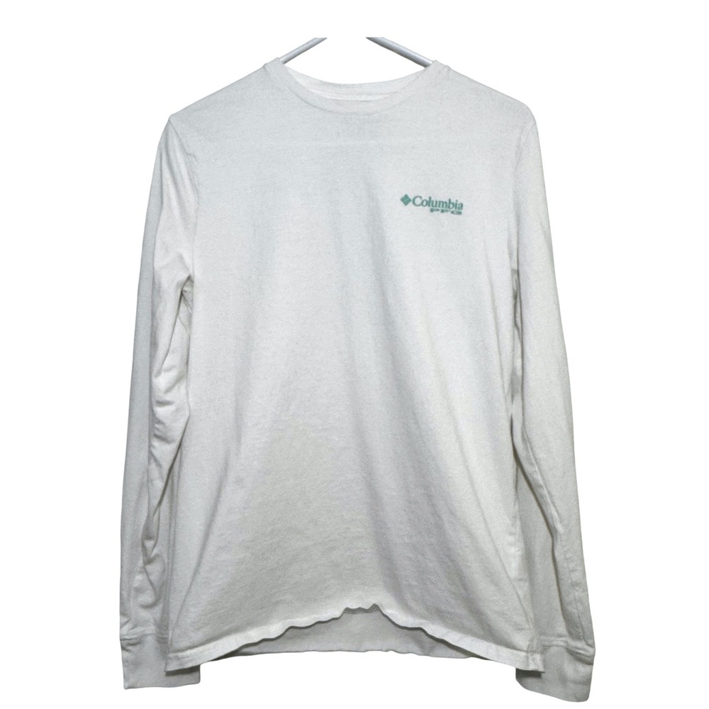 Columbia PFG Shirt White Long Sleeve Fish Flag Graphic Mens Medium Fishing Tee